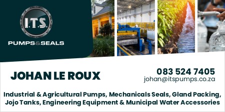 I.T.S. Pumps & Seals
Industrial & Agricultural Pumps, Mechanical Seals, Gland Packing
Jojo Tanks; Engineering Equipment & Municipal Water Accessories
Johan le Roux
083 524 7405